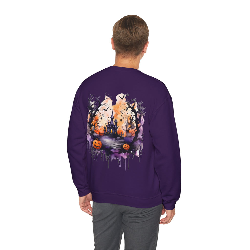 ORVIAN — Watercolor Haunted Castle Halloween Crewneck, Purple Jack-o'-Lantern Unisex Heavy Blend