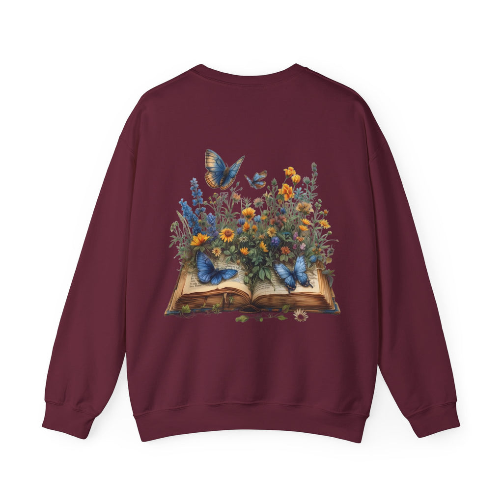 ORVIAN — Watercolor Floral Book & Butterfly Crewneck, Literary Nature Unisex Heavy Blend