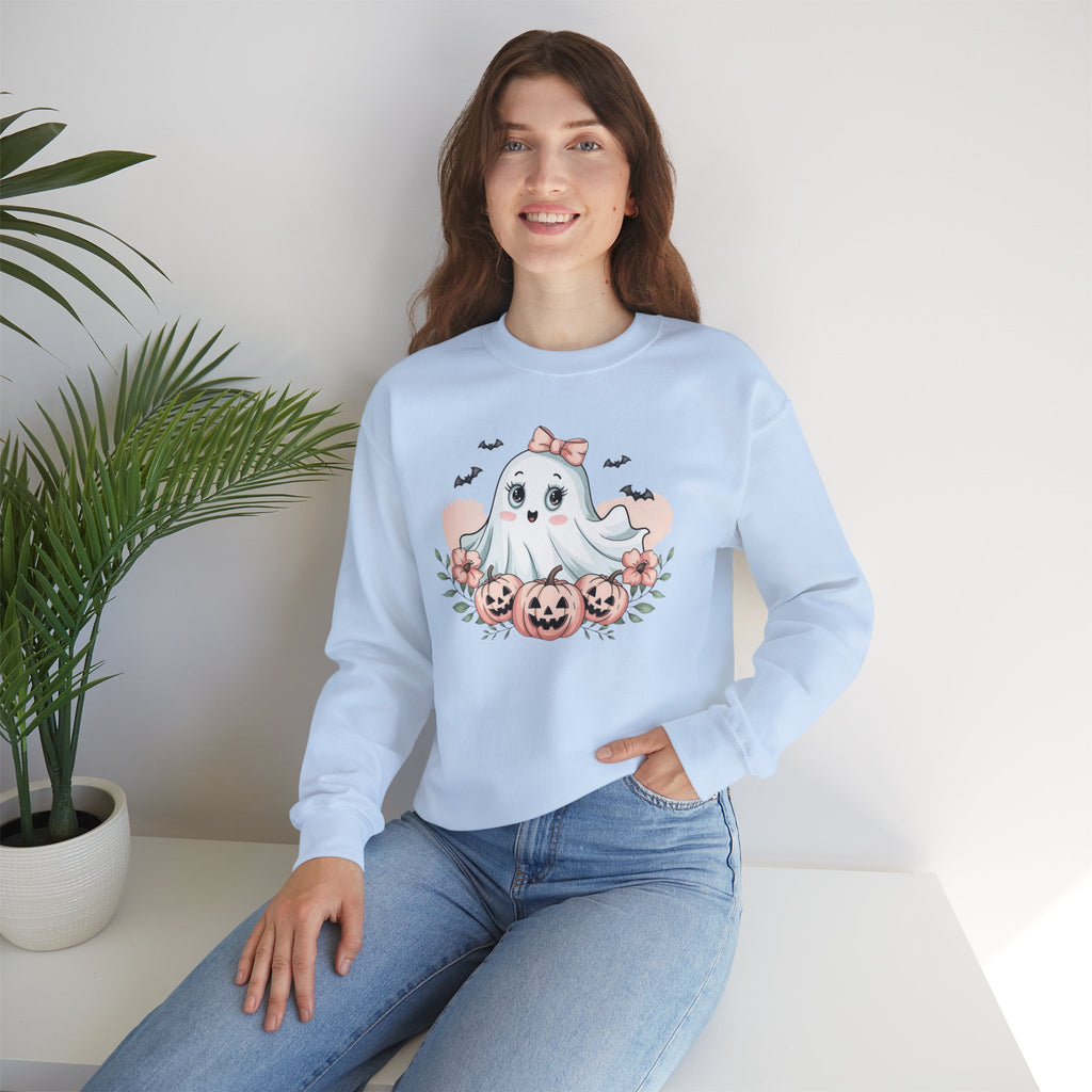ORVIAN — Pink Halloween Coquette Ghost Crewneck, Bow & Pumpkin Unisex Heavy Blend