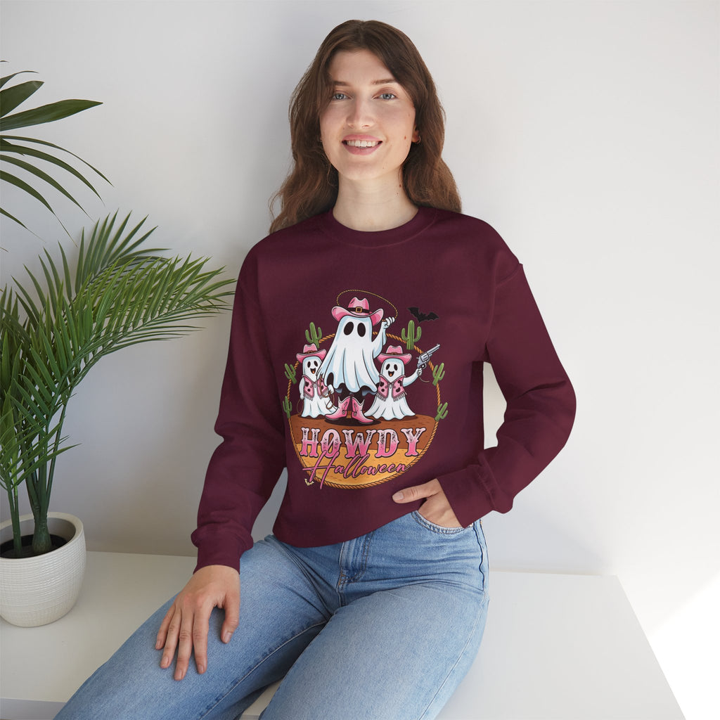 ORVIAN — Howdy Halloween Ghost Cowboy Crewneck, Pink Cowboo Western Unisex Heavy Blend