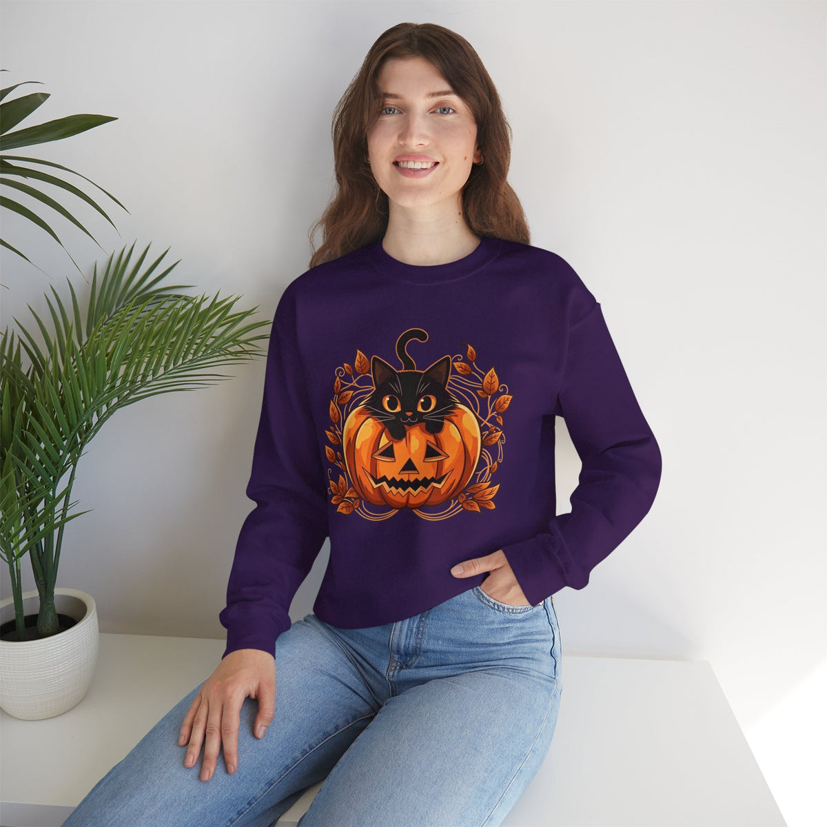 ORVIAN — Black Cat & Pumpkin Halloween Crewneck, Ghost & Coquette Bow Unisex Heavy Blend