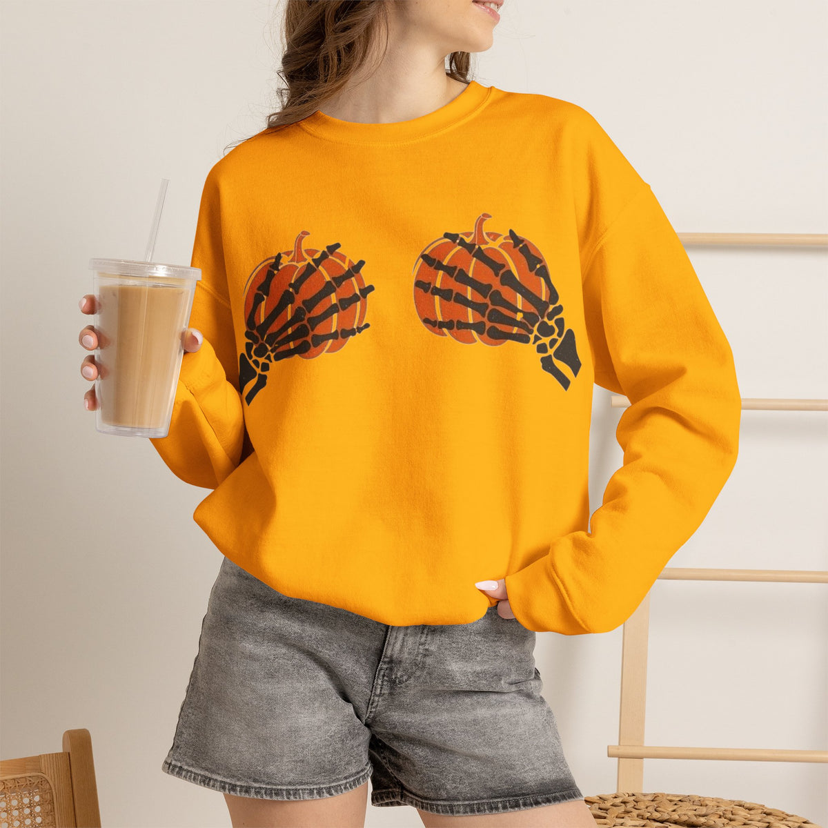 ORVIAN — Pumpkin Bra & Trick or Treat Halloween Crewneck, Skeleton Hands Unisex Heavy Blend