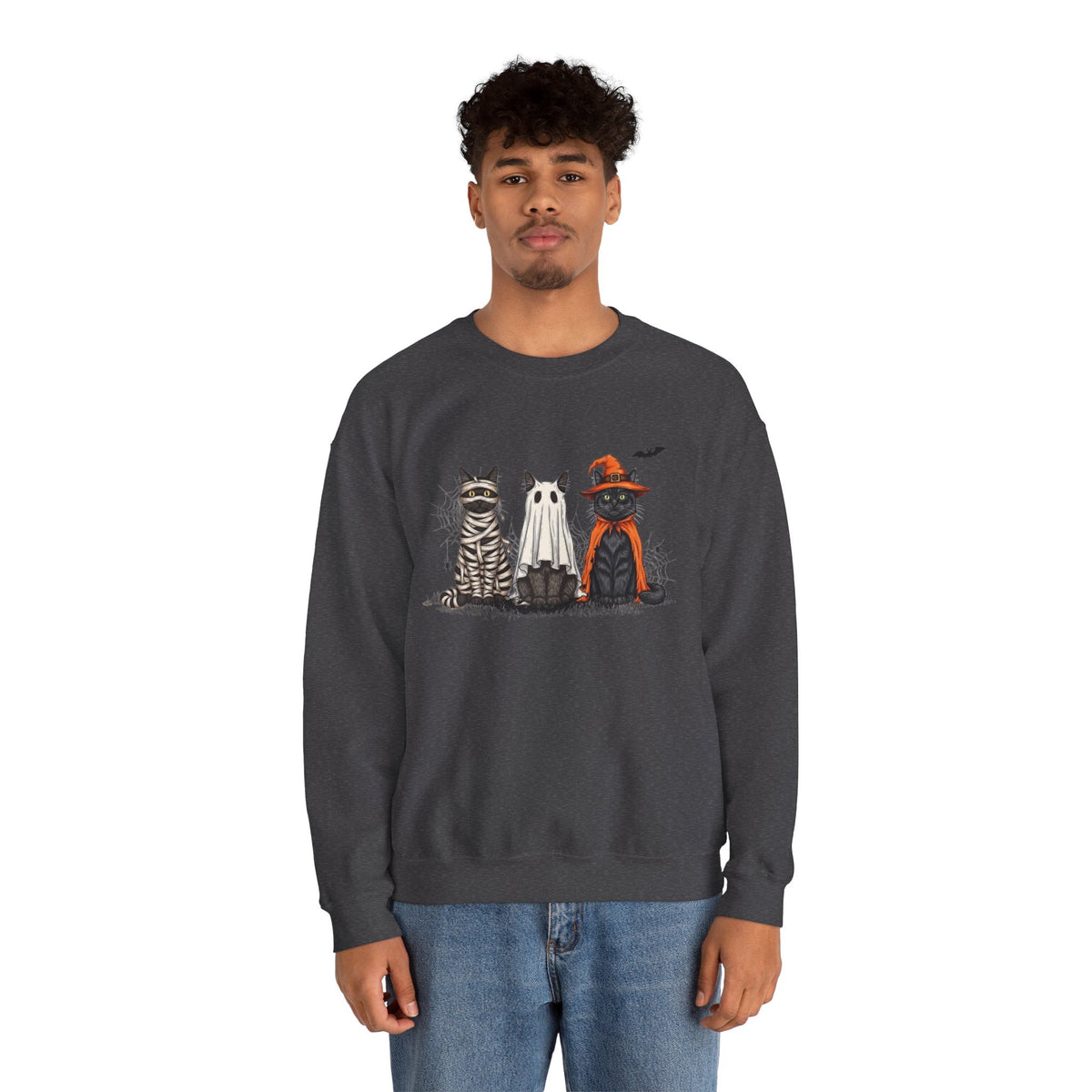 ORVIAN — Halloween Cats & Ghosts Crewneck, Spooky Cute Black Cat Unisex Sweatshirt