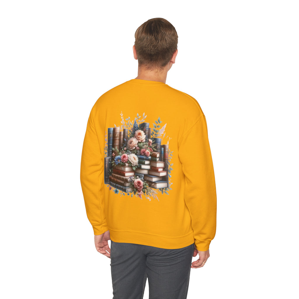 ORVIAN — Blue Watercolor Floral Book Crewneck, Open Book Wildflower Literary Unisex Heavy Blend