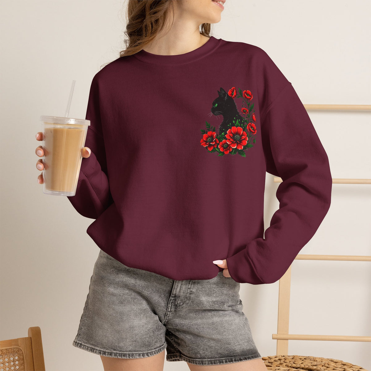 ORVIAN — Black Cat & Red Poppies Floral Crewneck, Elegant Nature Unisex Heavy Blend