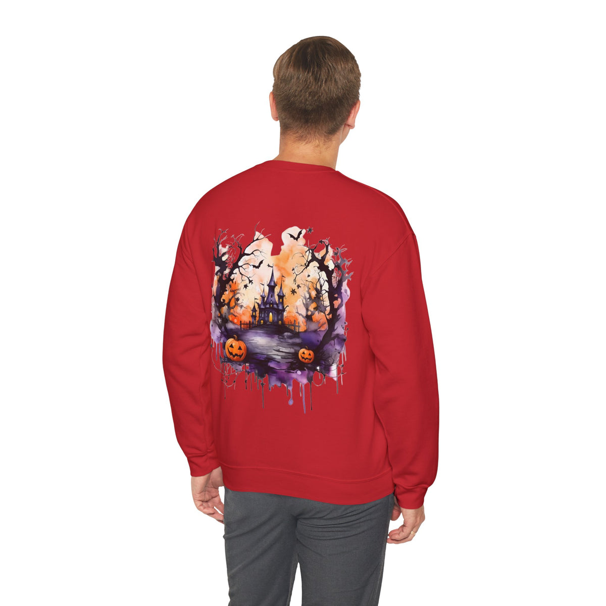 ORVIAN — Watercolor Haunted Castle Halloween Crewneck, Purple Jack-o'-Lantern Unisex Heavy Blend