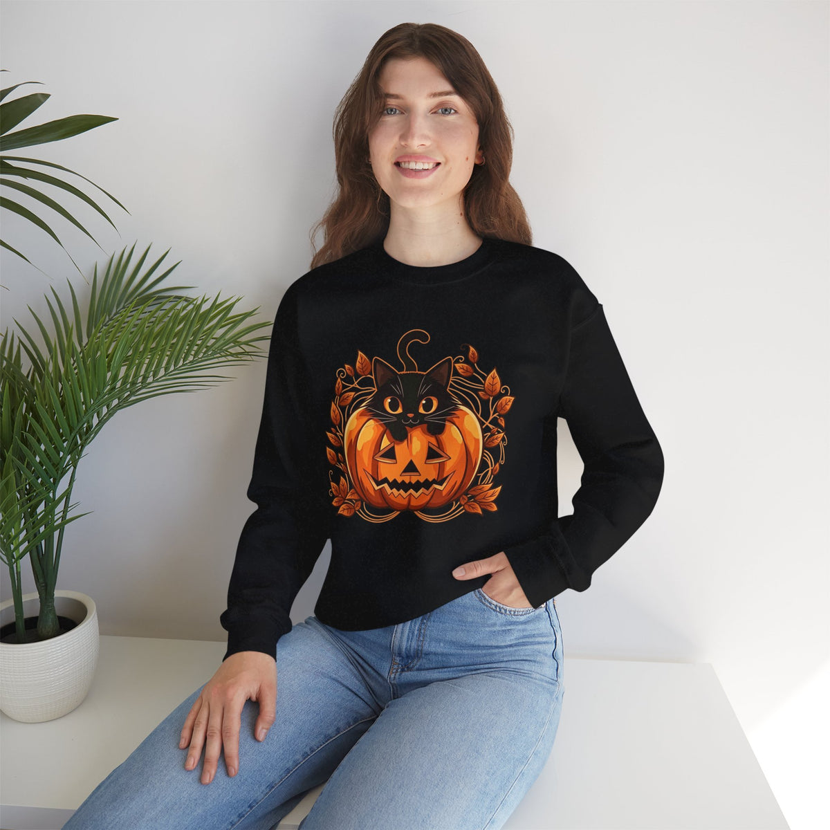 ORVIAN — Black Cat & Pumpkin Halloween Crewneck, Ghost & Coquette Bow Unisex Heavy Blend