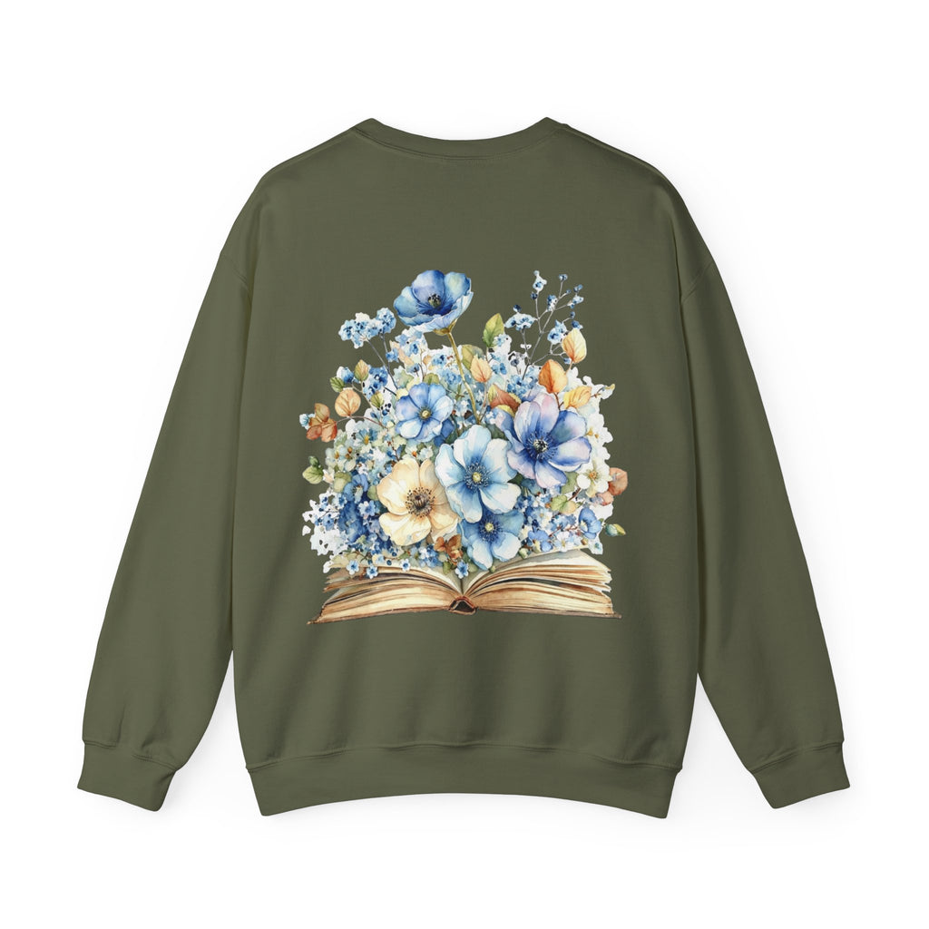 ORVIAN — Blue Watercolor Floral Book Crewneck, Open Book Wildflower Literary Unisex Heavy Blend
