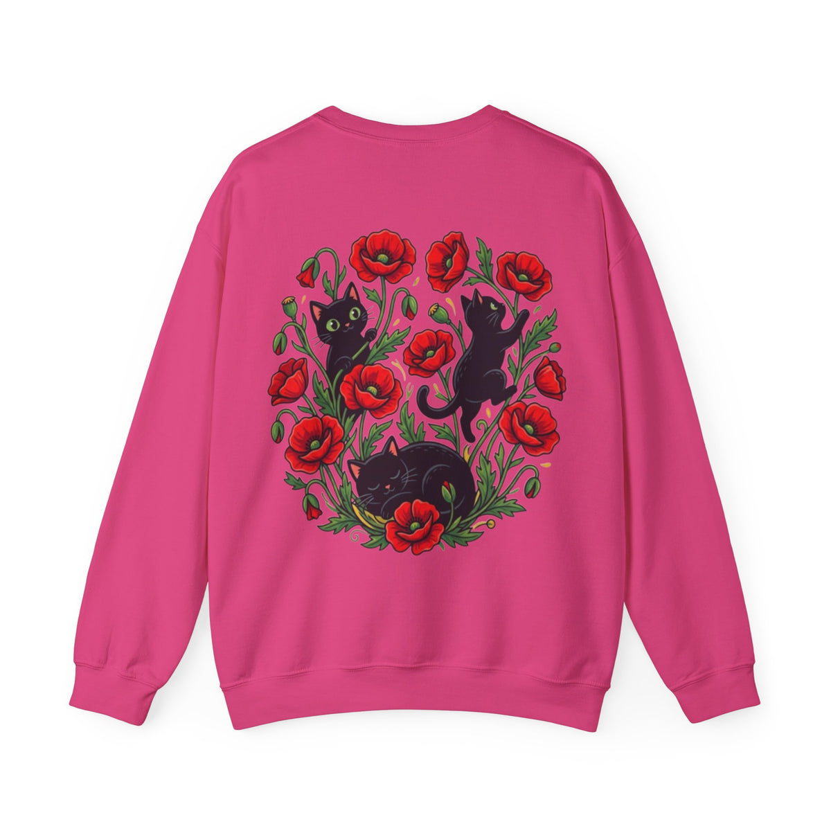 ORVIAN — Black Cat & Red Poppies Floral Crewneck, Elegant Nature Unisex Heavy Blend