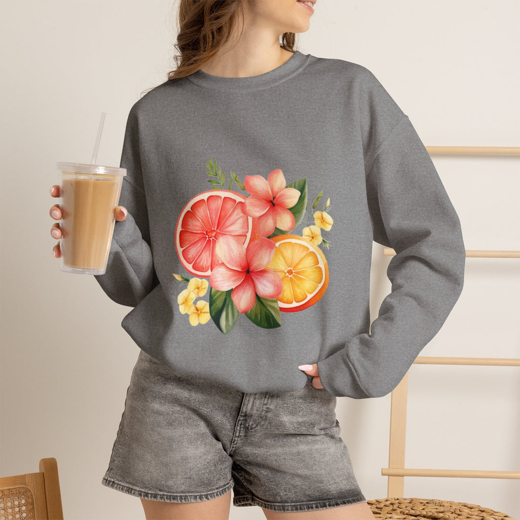 ORVIAN — Tropical Citrus & Pink Floral Crewneck, Grapefruit Orange Watercolor Unisex Heavy Blend