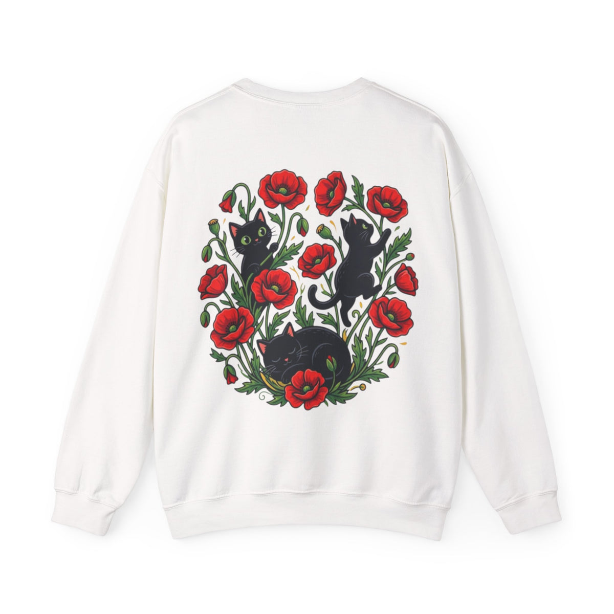 ORVIAN — Black Cat & Red Poppies Floral Crewneck, Elegant Nature Unisex Heavy Blend