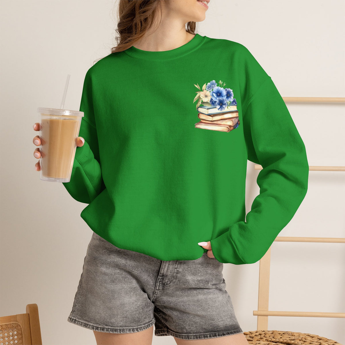 ORVIAN — Blue Watercolor Floral Book Crewneck, Open Book Wildflower Literary Unisex Heavy Blend