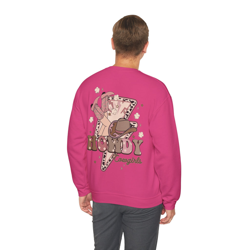 ORVIAN — Howdy Cowgirls Western Crewneck, Leopard Lightning Bolt & Cowgirl Boots Unisex Heavy Blend