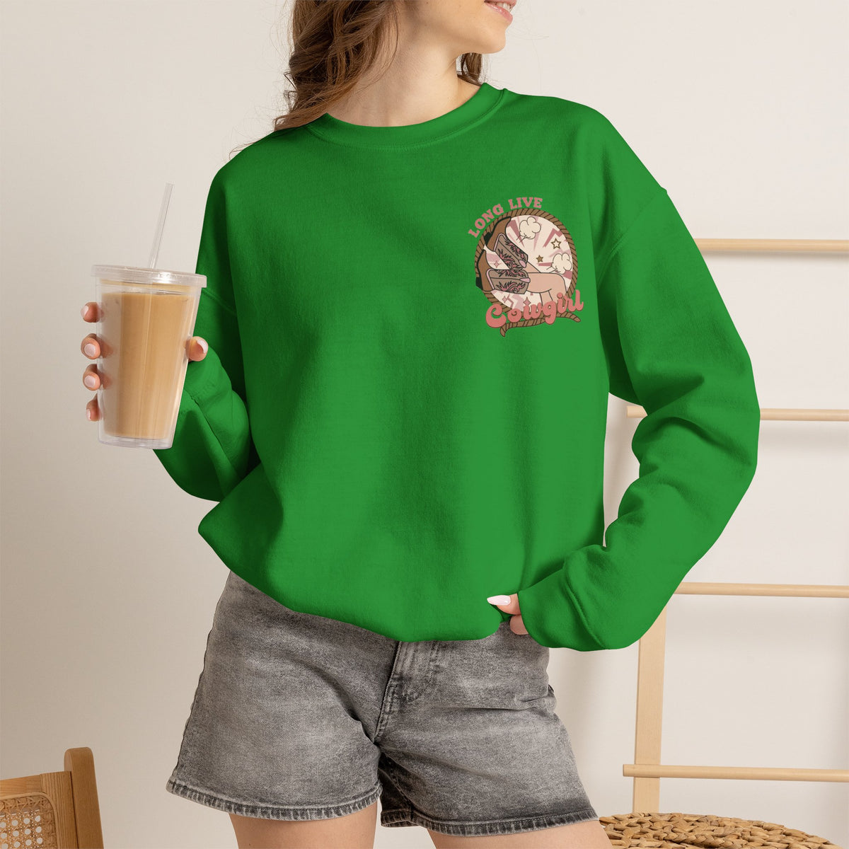 ORVIAN — Howdy Cowgirls Western Crewneck, Leopard Lightning Bolt & Cowgirl Boots Unisex Heavy Blend