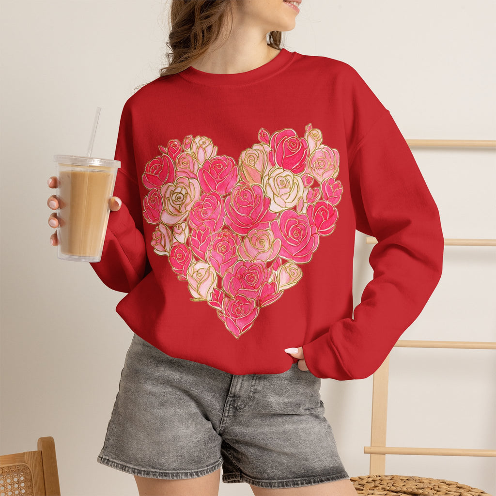 ORVIAN — Floral Rose Heart Crewneck, Romantic Pink Flower Valentine Sweatshirt, Unisex Heavy Blend