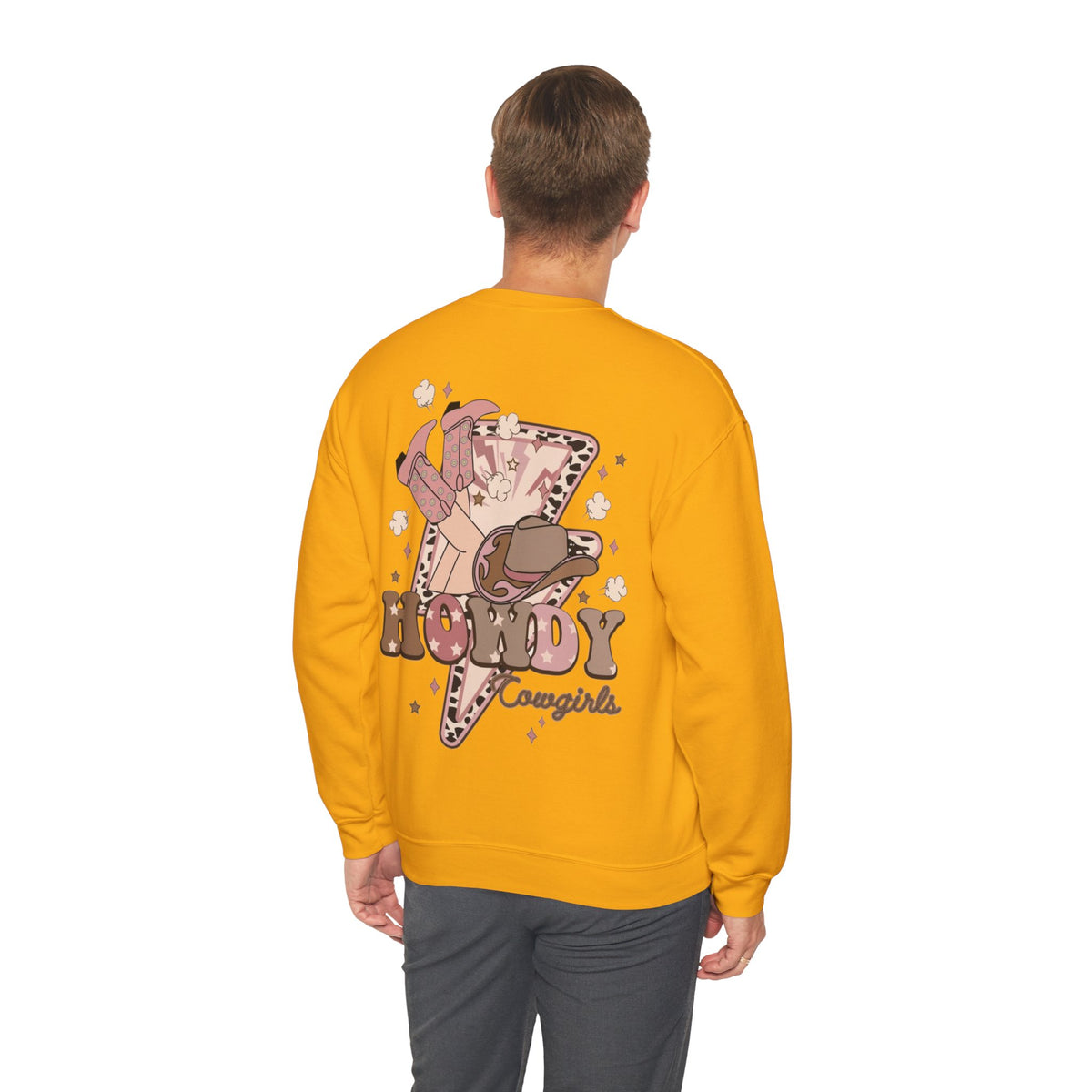 ORVIAN — Howdy Cowgirls Western Crewneck, Leopard Lightning Bolt & Cowgirl Boots Unisex Heavy Blend