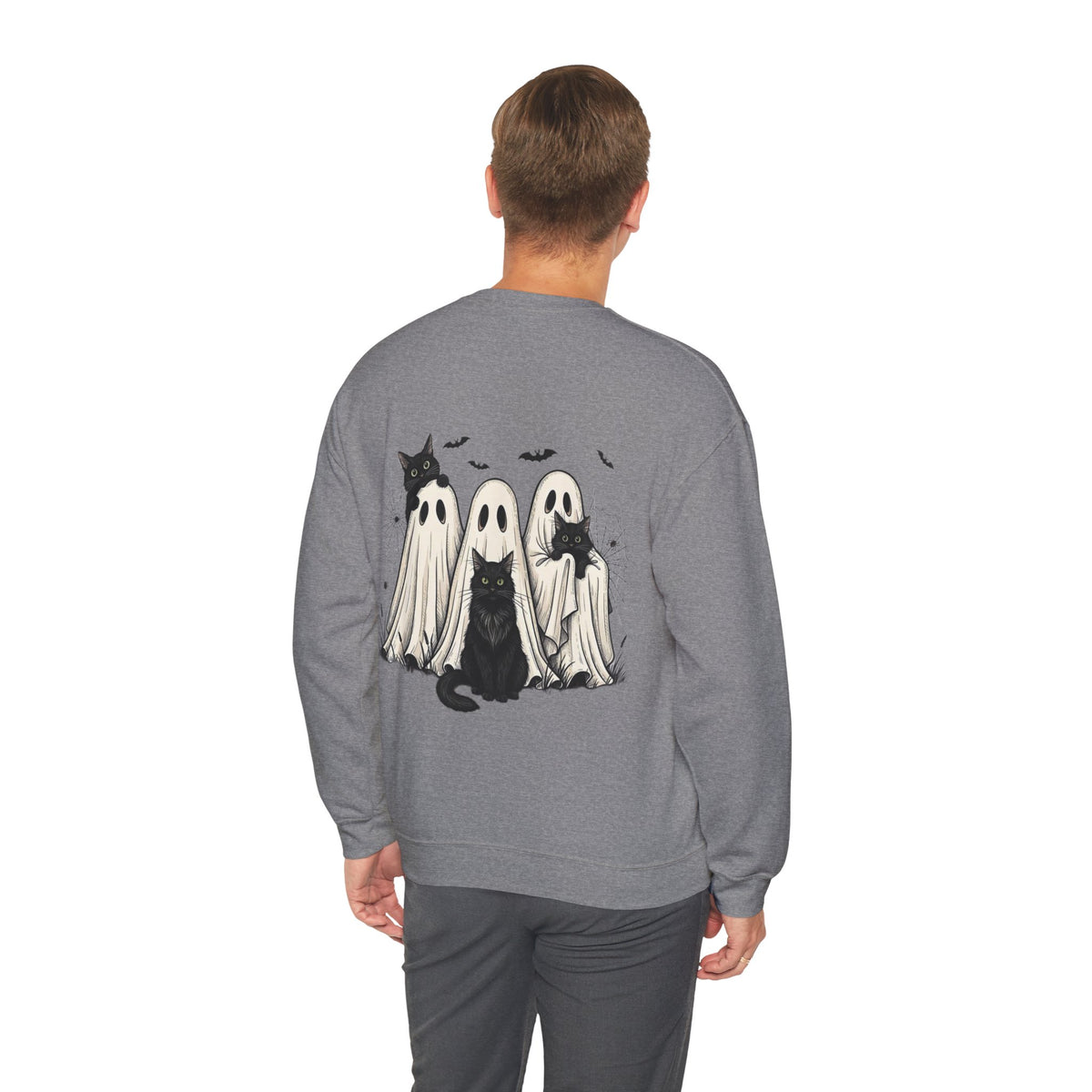 ORVIAN — Halloween Cats & Ghosts Crewneck, Spooky Cute Black Cat Unisex Sweatshirt