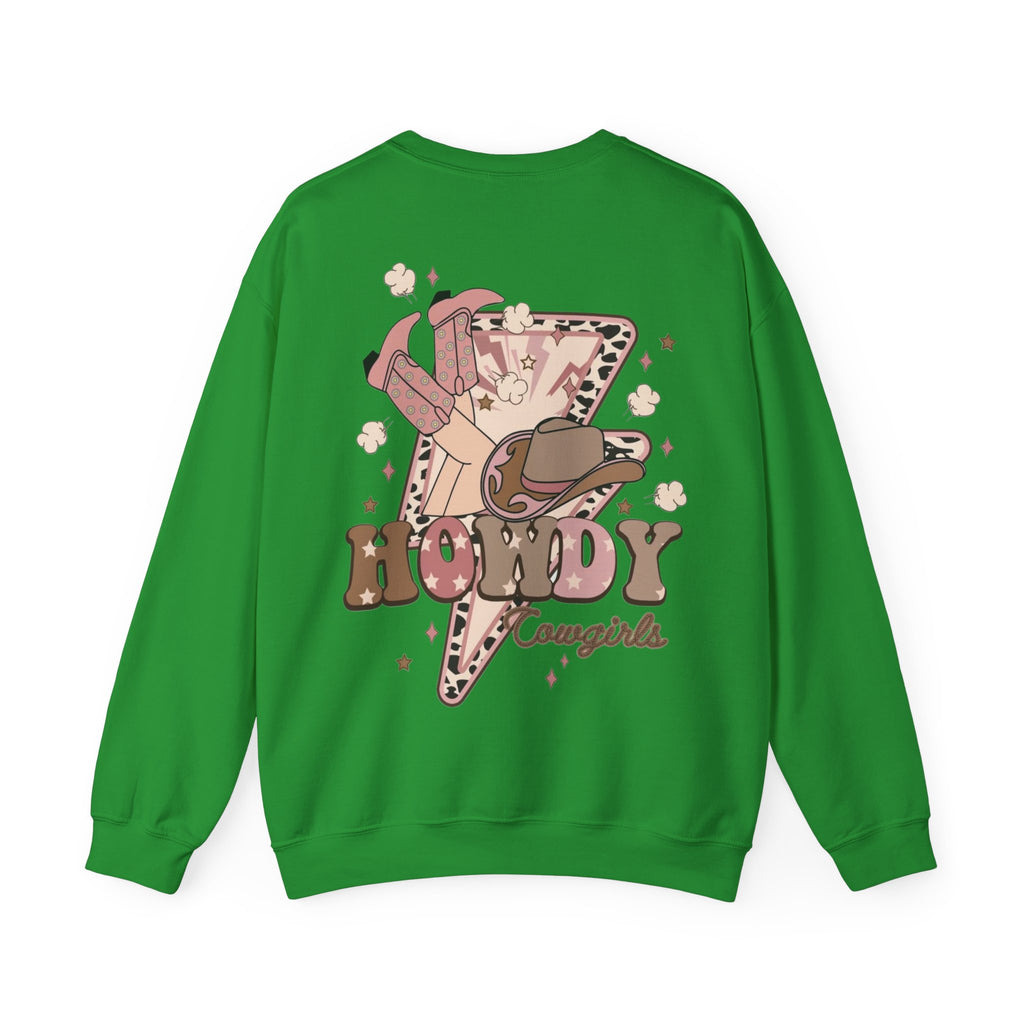 ORVIAN — Howdy Cowgirls Western Crewneck, Leopard Lightning Bolt & Cowgirl Boots Unisex Heavy Blend