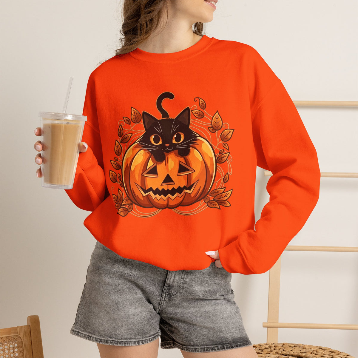 ORVIAN — Black Cat & Pumpkin Halloween Crewneck, Ghost & Coquette Bow Unisex Heavy Blend