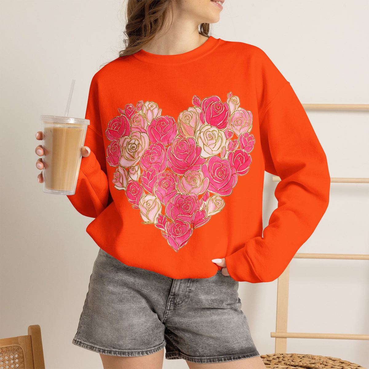ORVIAN — Floral Rose Heart Crewneck, Romantic Pink Flower Valentine Sweatshirt, Unisex Heavy Blend