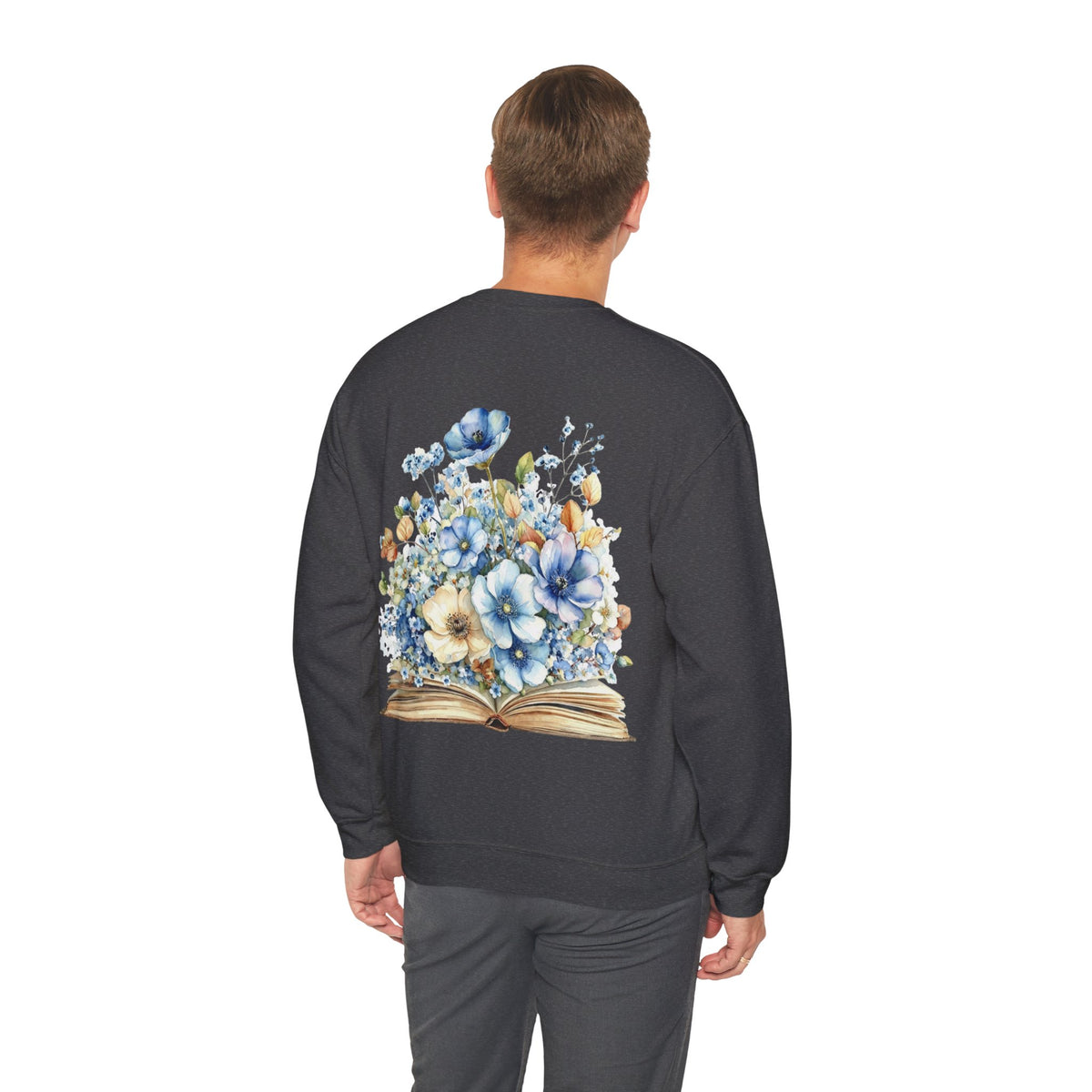 ORVIAN — Blue Watercolor Floral Book Crewneck, Open Book Wildflower Literary Unisex Heavy Blend