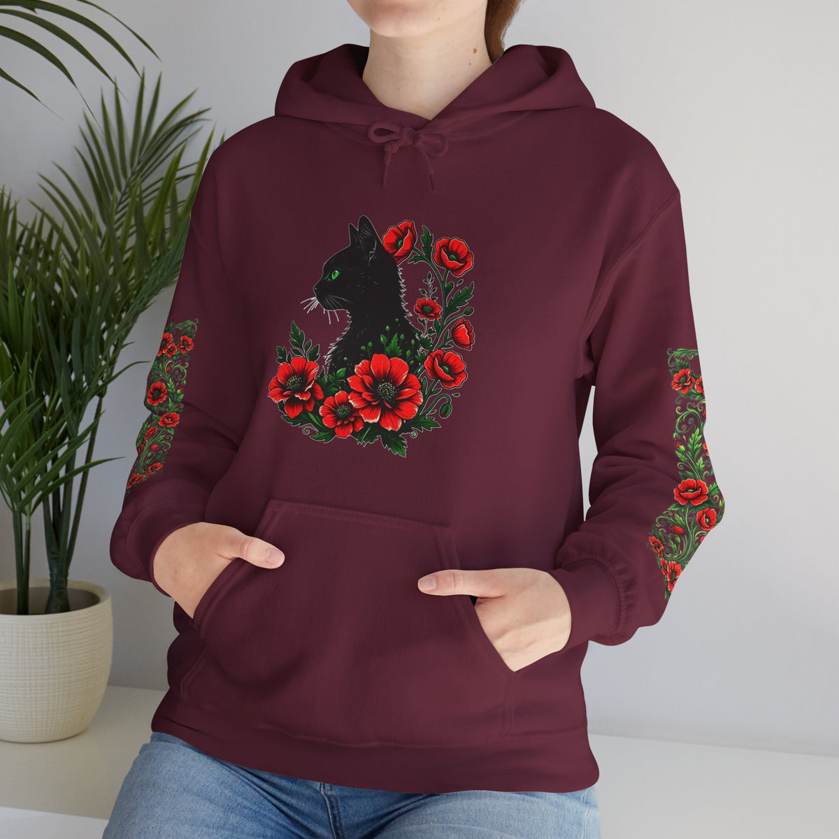 ORVIAN — Black Cat & Red Poppies Unisex Heavy Blend Hoodie