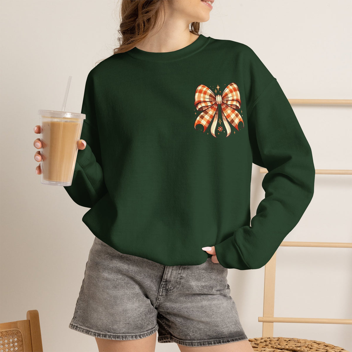 ORVIAN — Ghostly Coffee Break Coquette Bow Crewneck, Cozy Pumpkin Spice Halloween Unisex
