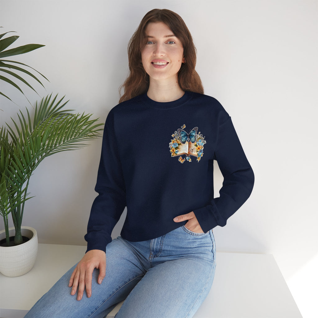 ORVIAN — Watercolor Floral Book & Butterfly Crewneck, Literary Nature Unisex Heavy Blend