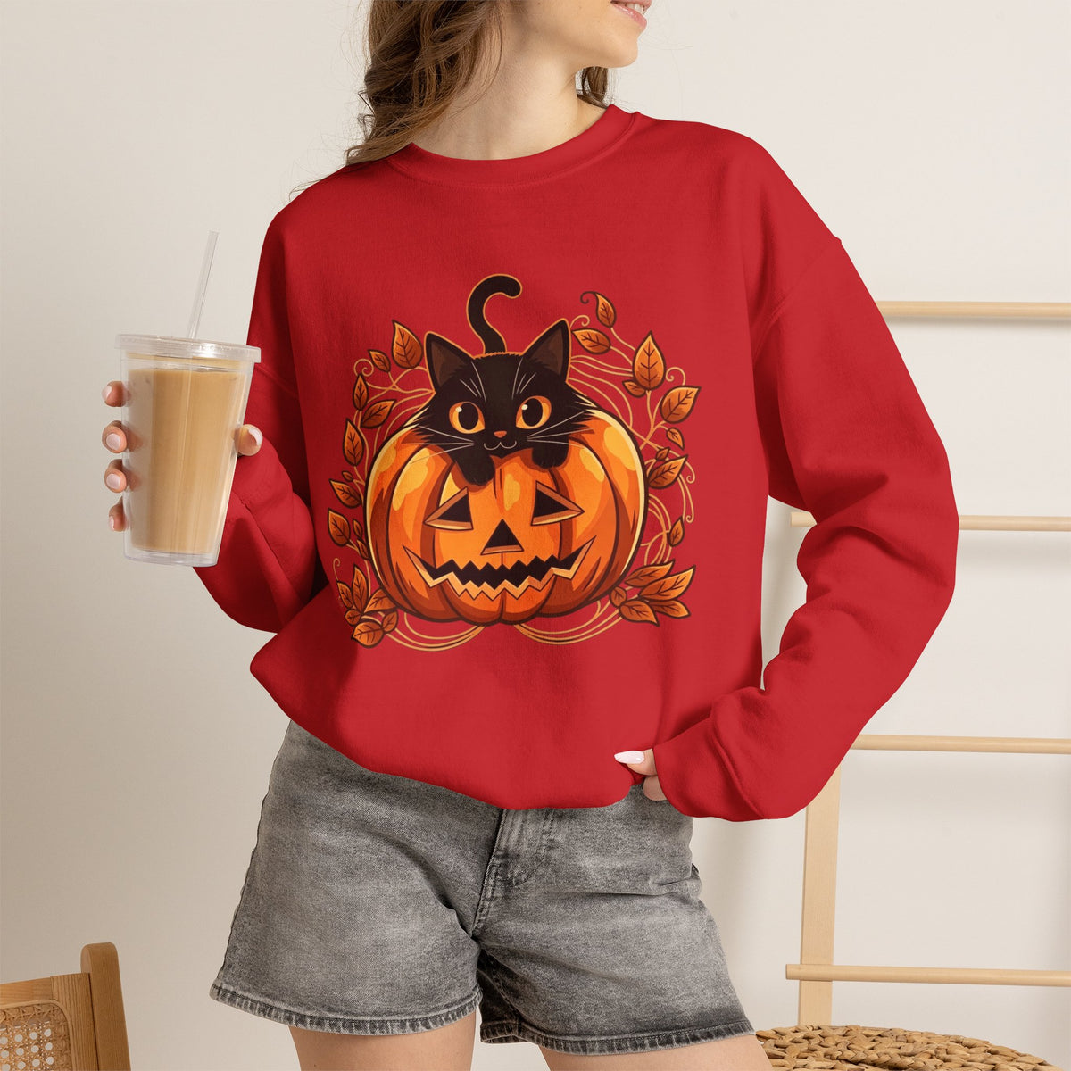 ORVIAN — Black Cat & Pumpkin Halloween Crewneck, Ghost & Coquette Bow Unisex Heavy Blend