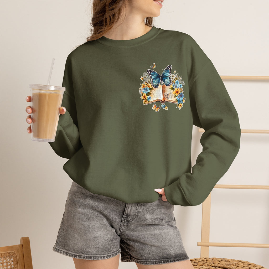 ORVIAN — Watercolor Floral Book & Butterfly Crewneck, Literary Nature Unisex Heavy Blend