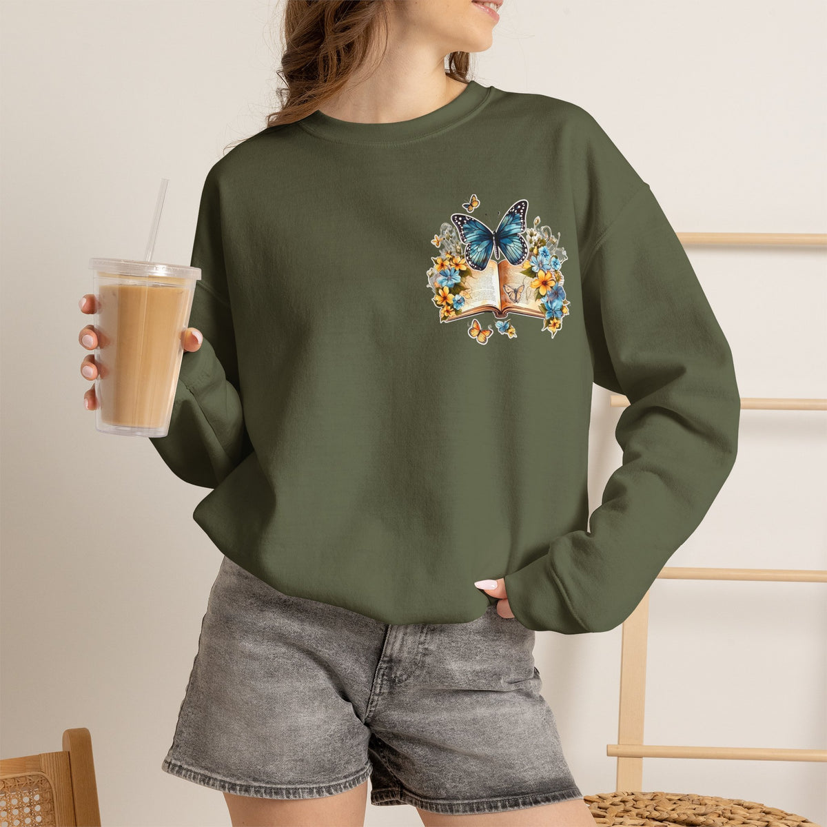 ORVIAN — Watercolor Floral Book & Butterfly Crewneck, Literary Nature Unisex Heavy Blend