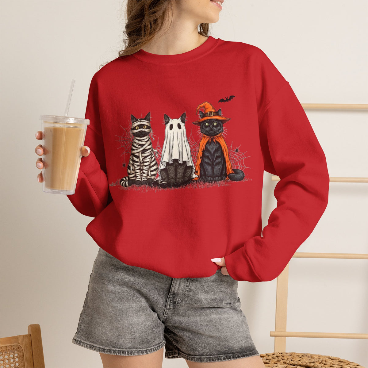 ORVIAN — Halloween Cats & Ghosts Crewneck, Spooky Cute Black Cat Unisex Sweatshirt