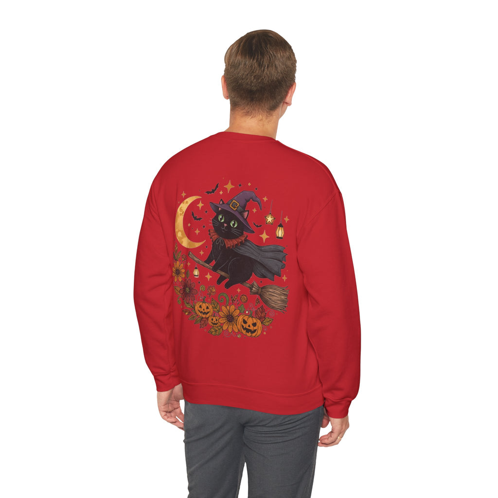ORVIAN — Witch Cat Halloween Crewneck, Flying Black Cat & Pumpkin Patch Unisex Sweatshirt