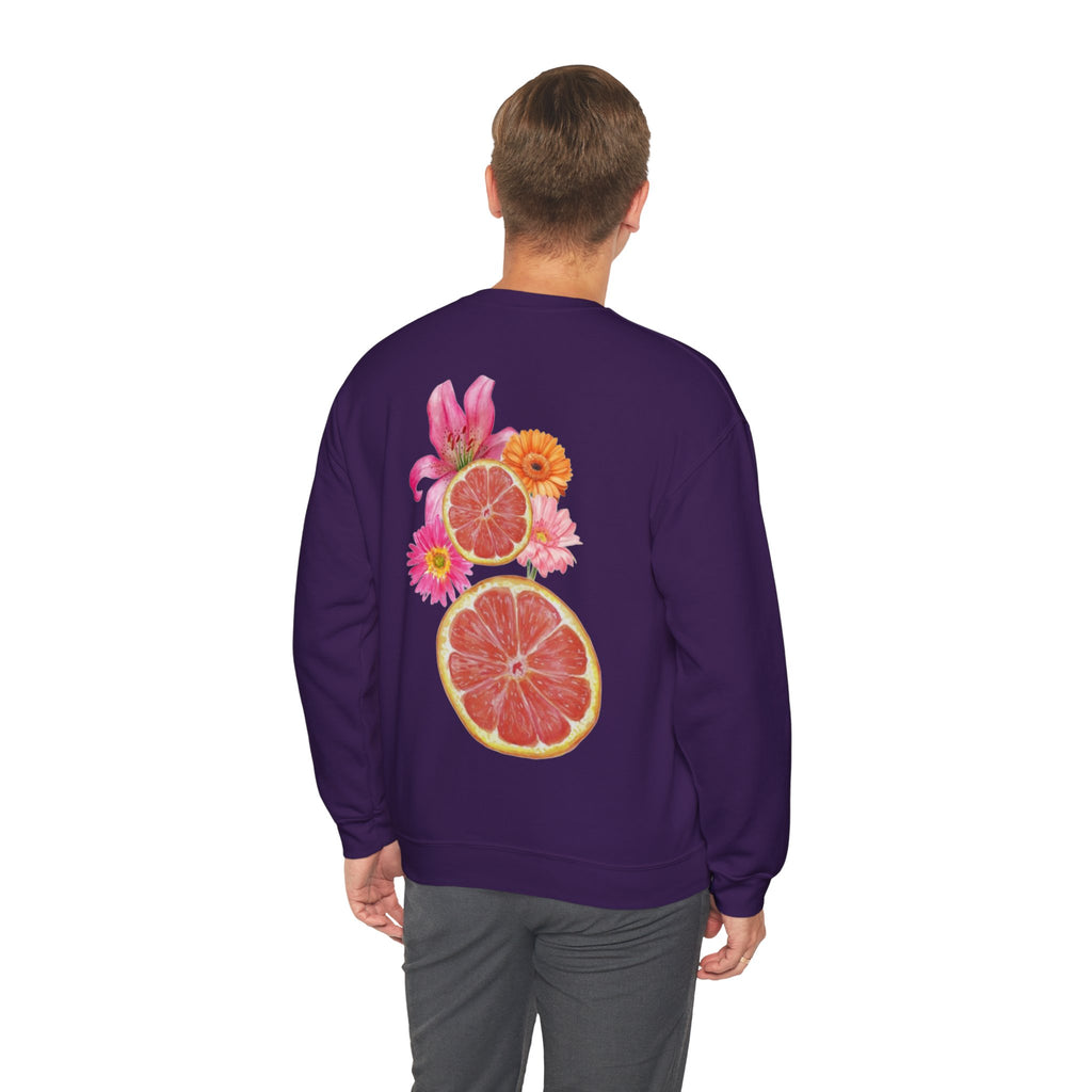 ORVIAN — Tropical Citrus & Pink Floral Crewneck, Grapefruit Orange Watercolor Unisex Heavy Blend