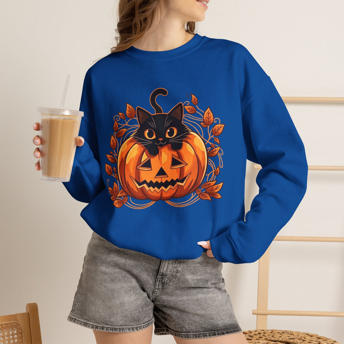 ORVIAN — Black Cat & Pumpkin Halloween Crewneck, Ghost & Coquette Bow Unisex Heavy Blend
