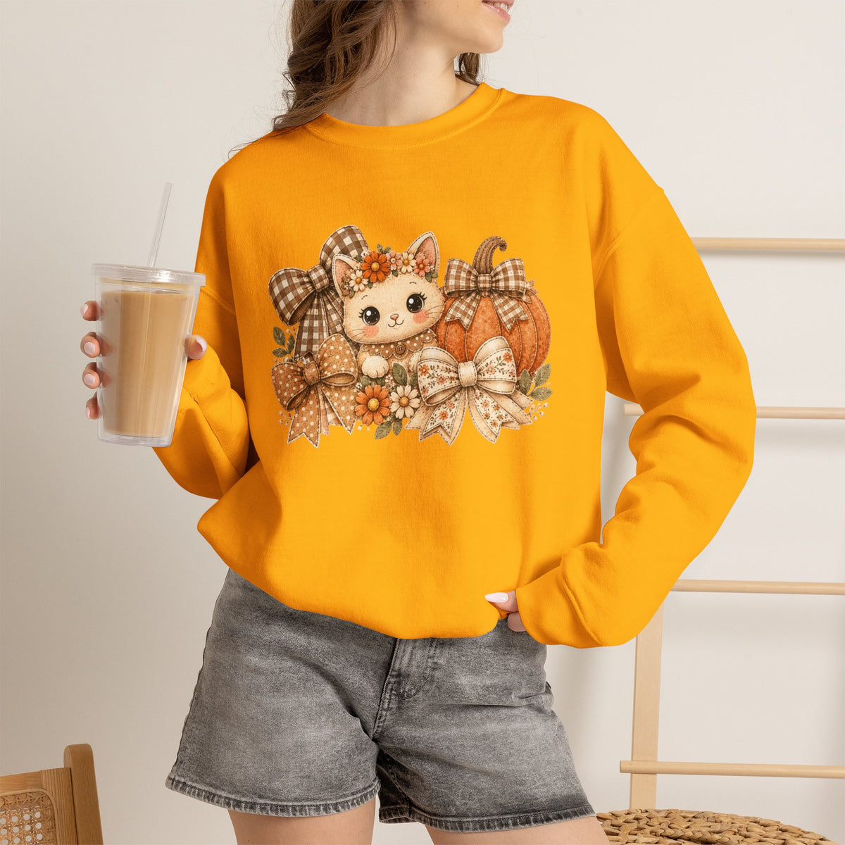 ORVIAN — Fall Kitten & Coquette Ghost Crewneck, Gingham Pumpkin Autumn Unisex Heavy Blend