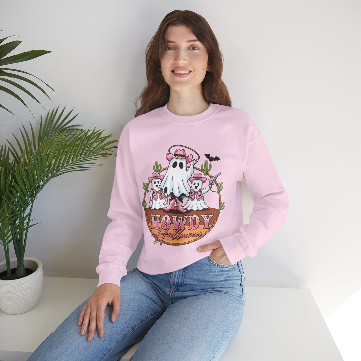 ORVIAN — Howdy Halloween Ghost Cowboy Crewneck, Pink Cowboo Western Unisex Heavy Blend