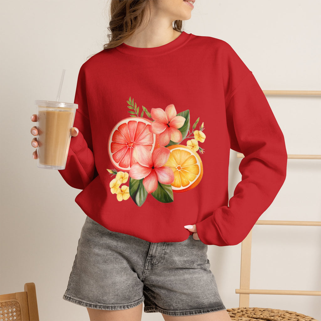 ORVIAN — Tropical Citrus & Pink Floral Crewneck, Grapefruit Orange Watercolor Unisex Heavy Blend