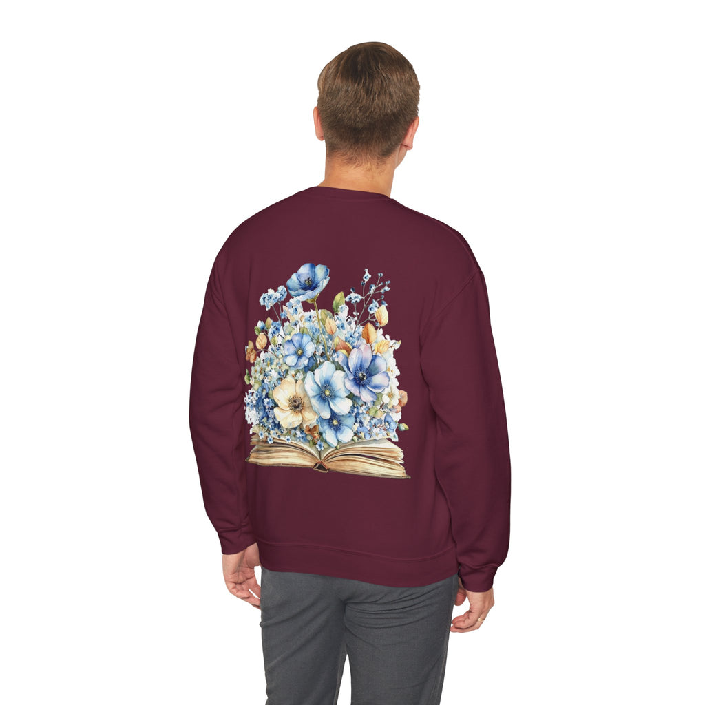 ORVIAN — Blue Watercolor Floral Book Crewneck, Open Book Wildflower Literary Unisex Heavy Blend