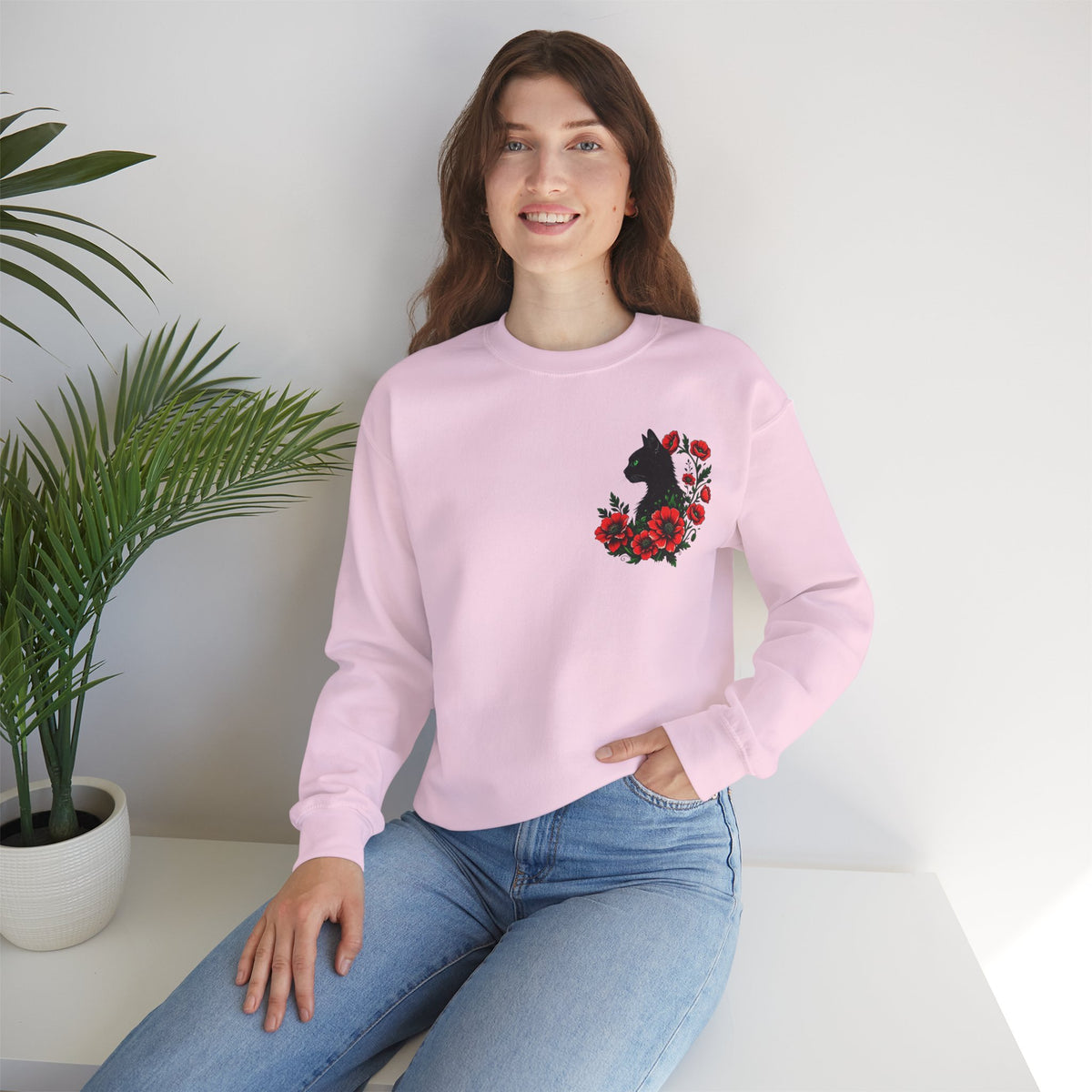 ORVIAN — Black Cat & Red Poppies Floral Crewneck, Elegant Nature Unisex Heavy Blend
