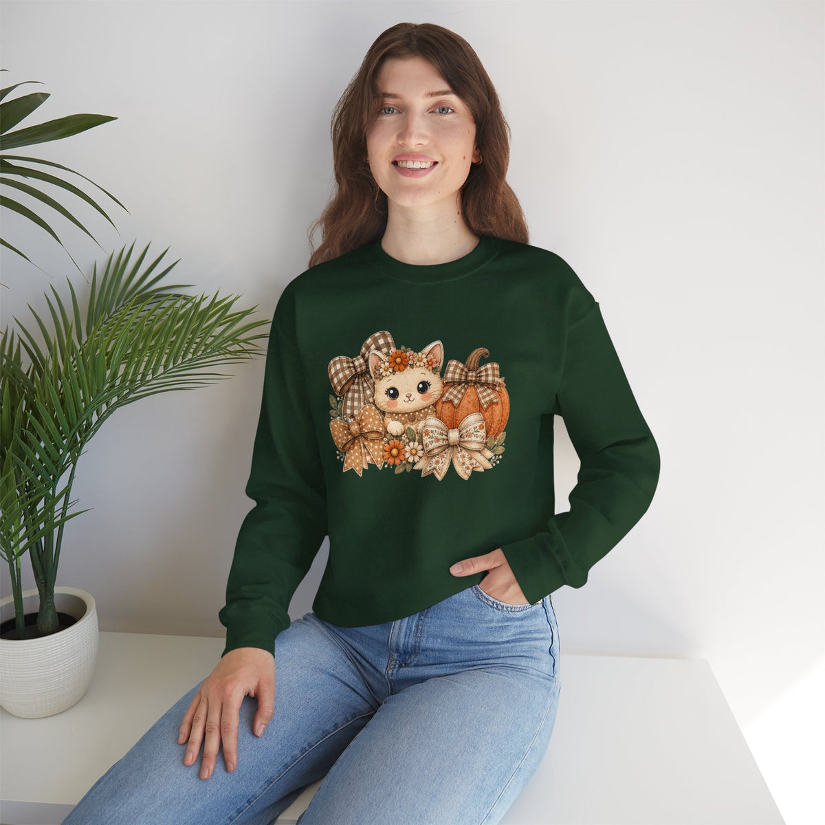 ORVIAN — Fall Kitten & Coquette Ghost Crewneck, Gingham Pumpkin Autumn Unisex Heavy Blend