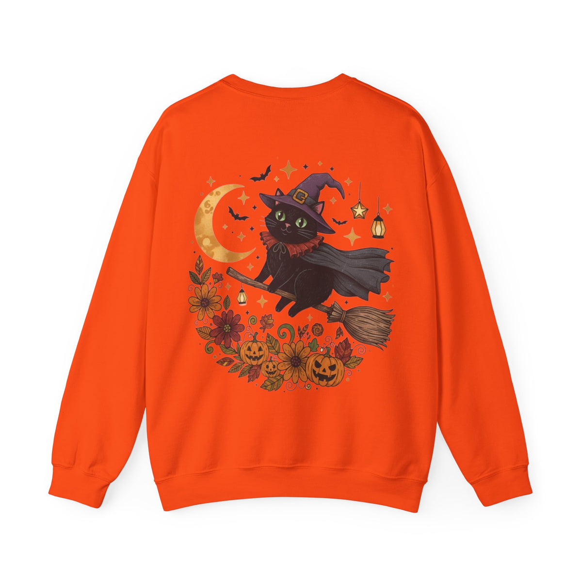 ORVIAN — Witch Cat Halloween Crewneck, Flying Black Cat & Pumpkin Patch Unisex Sweatshirt