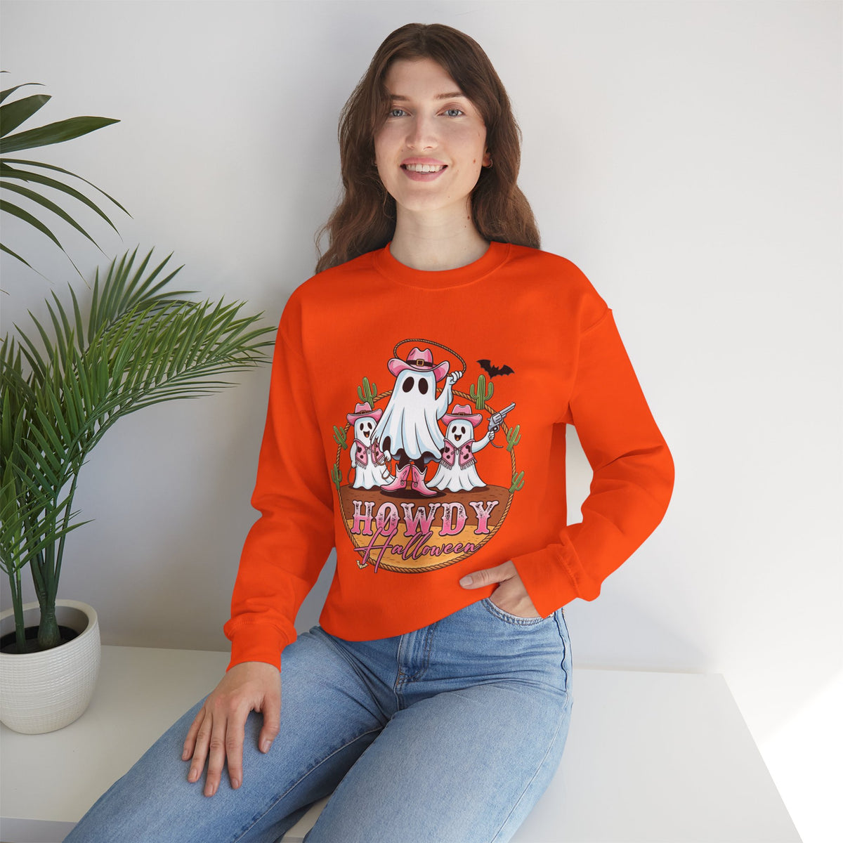 ORVIAN — Howdy Halloween Ghost Cowboy Crewneck, Pink Cowboo Western Unisex Heavy Blend