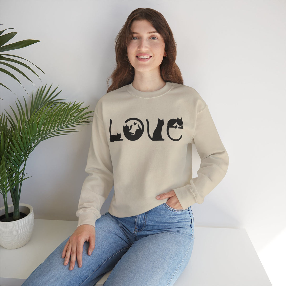 ORVIAN — LOVE Cat Silhouette & Heart-Shaped Cats Crewneck, Cat Lover Unisex Heavy Blend