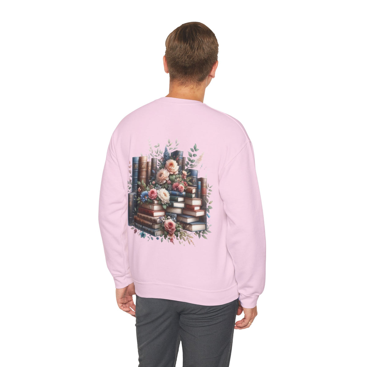 ORVIAN — Blue Watercolor Floral Book Crewneck, Open Book Wildflower Literary Unisex Heavy Blend