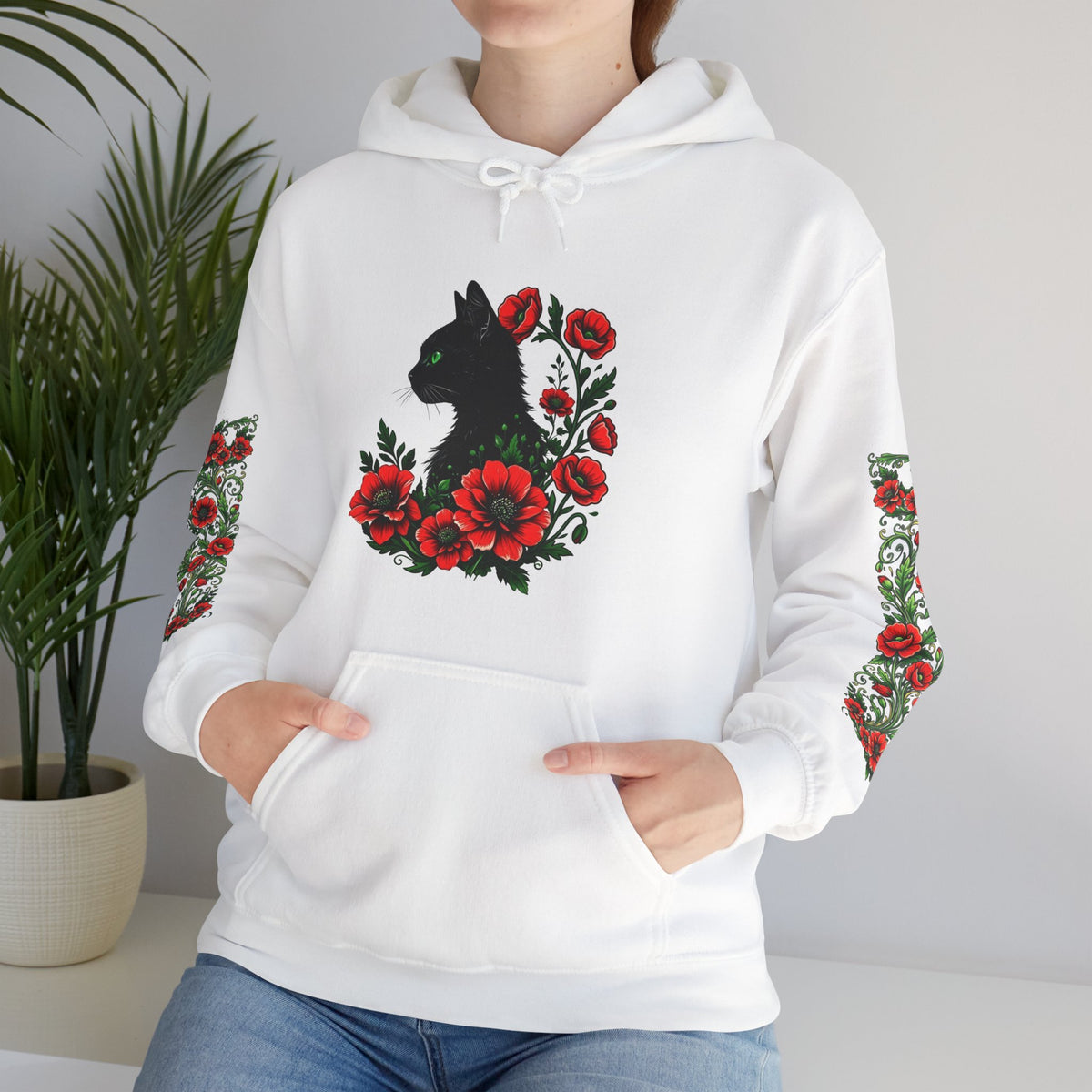 ORVIAN — Black Cat & Red Poppies Unisex Heavy Blend Hoodie