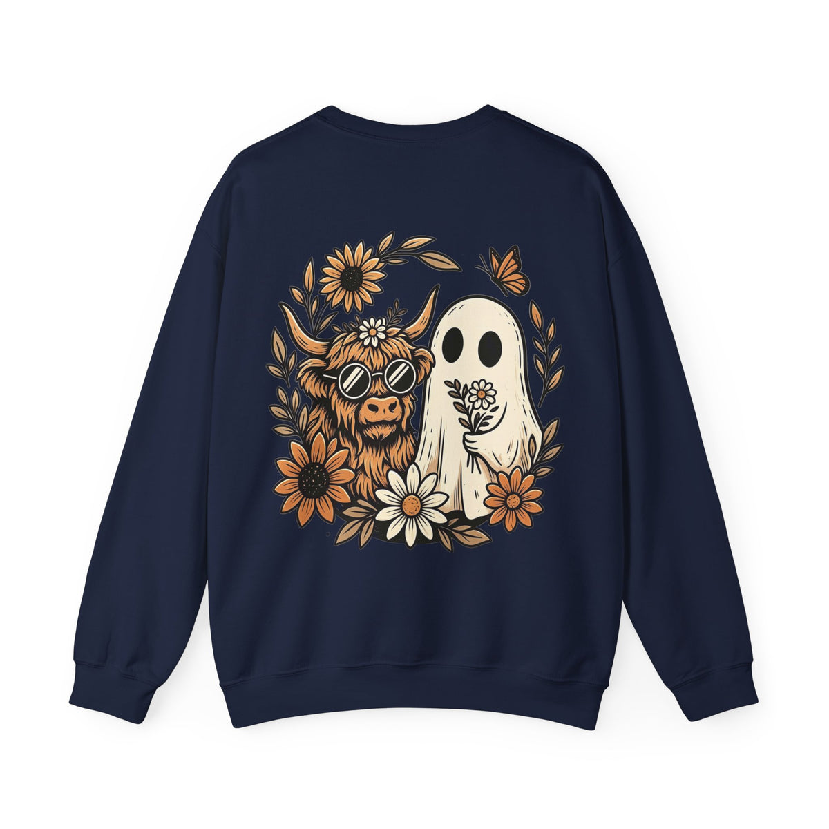 ORVIAN — Highland Cow & Cute Ghost Western Floral Crewneck, Spooky Unisex Sweatshirt