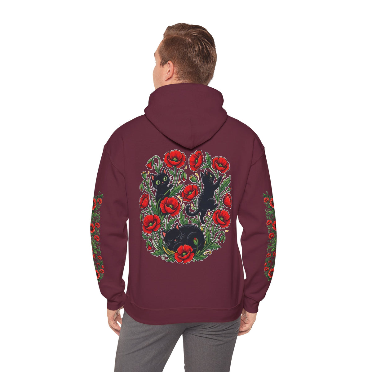 ORVIAN — Black Cat & Red Poppies Unisex Heavy Blend Hoodie